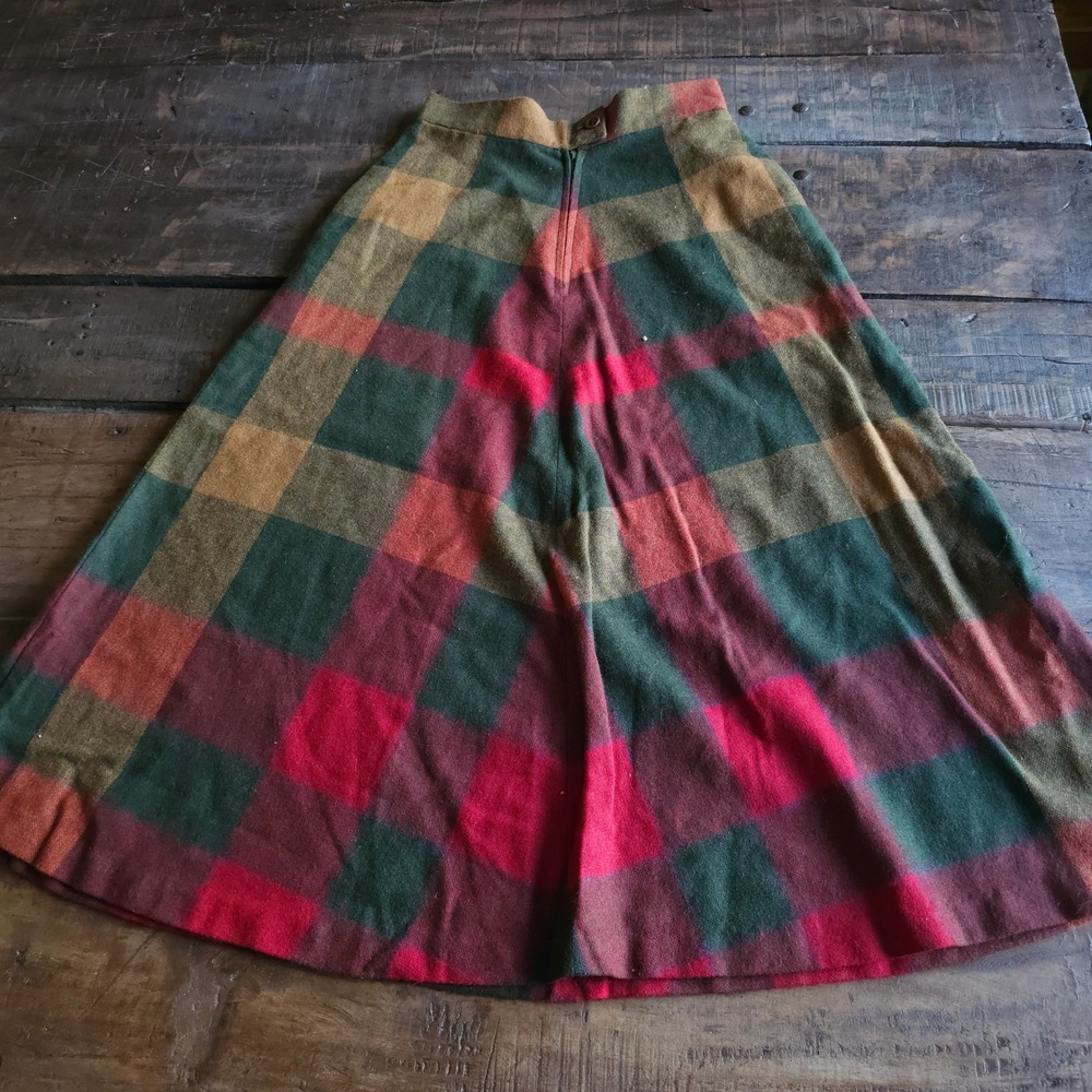 Vintage 70s Trousers Up Plaid A-Line Midi Skirt Green Red Orange Wool ? Blend